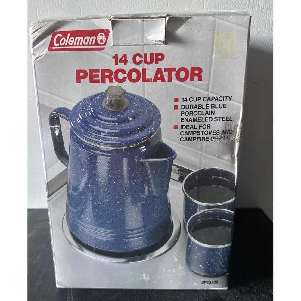 Coleman New 14 Cup Blue Porcelain Enamel Steel Percolator Dishwasher Safe New